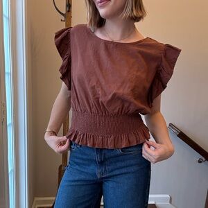 cupcakes & cashmere Chocolate Ruffle Sleeve Smocked Blouse